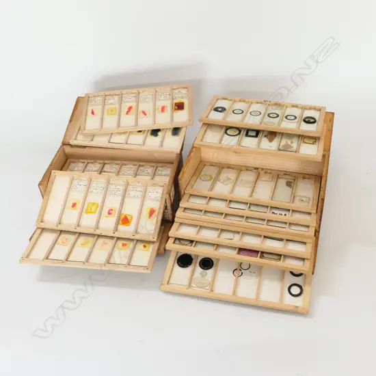 2 WOODEN BOXES OF MICROSCOPIC SLIDES, ONE LABELED 'MILLIKIN & LAWLEY 165 STRAND LONDON.